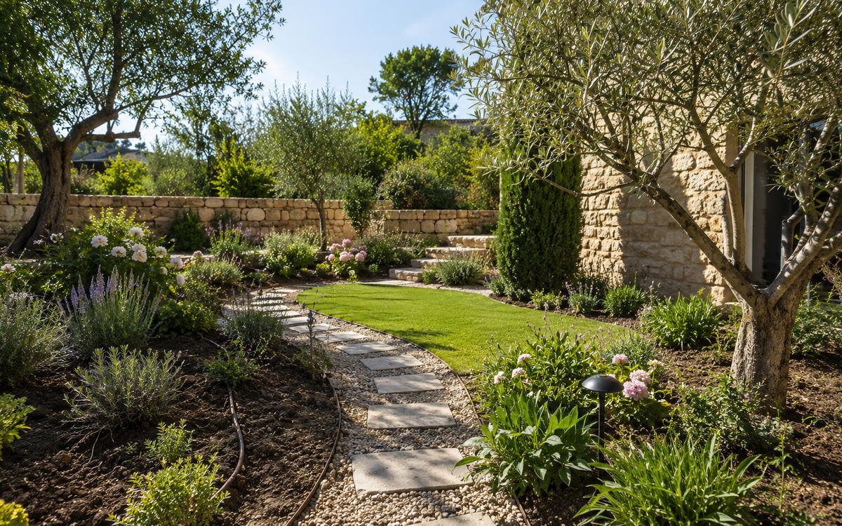 Jardin méditerranéen créé avec pas japonais, massifs de lavande et pelouse bordée de gravier