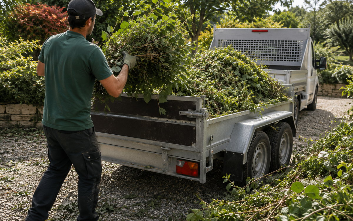 Jardinier chargeant des branchages dans une remorque pour évacuation des déchets verts