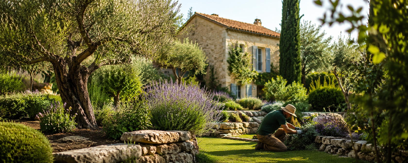 Jardinier de Mas-if de Provence entretenant un massif devant un mas en pierre entouré d’oliviers et de lavande